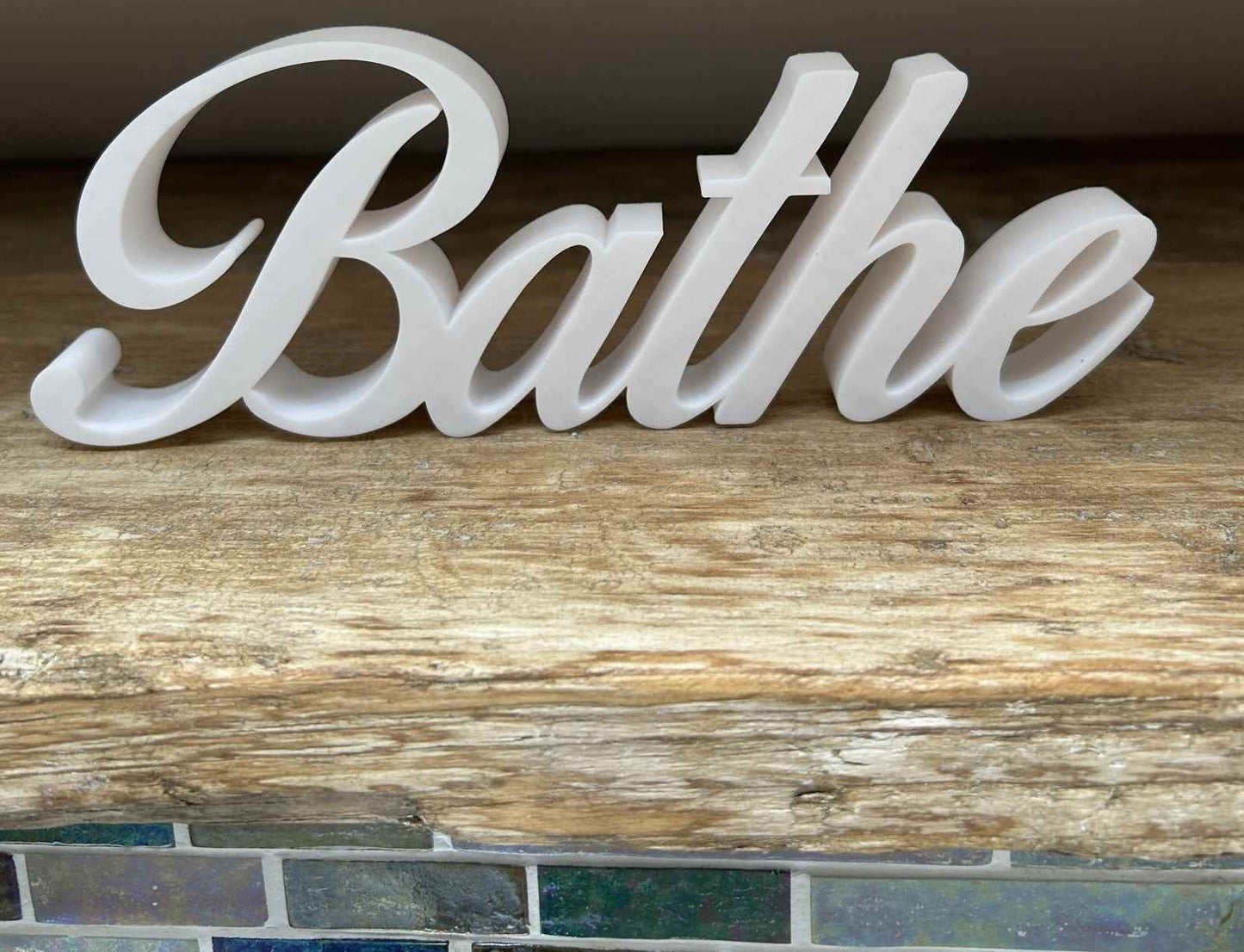 White BATHE Sign Word Letters freestanding Bathroom Ornament or Wall Decoration